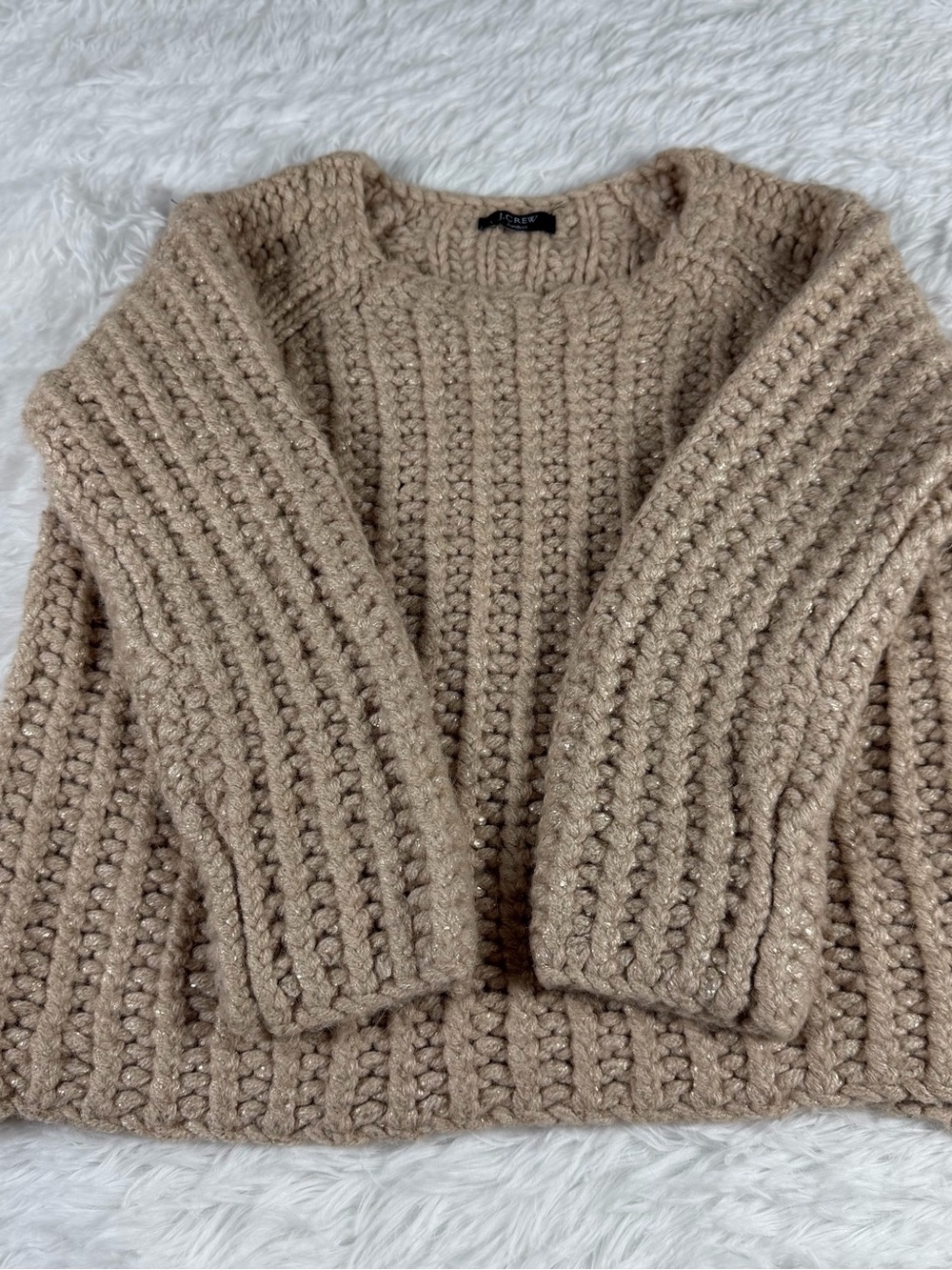 J crew handknit chunky sweater women’s metallic shimmer beige cropped tan